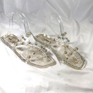 Steve Madden Woman’s Studded Pearl EmbellishedSlip On Vegan Clear Flat Sandals